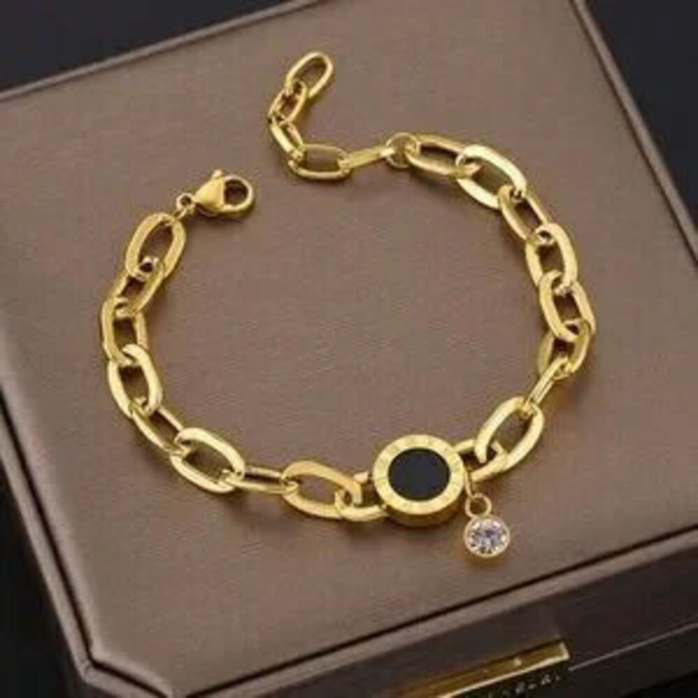 Gold Plated Stainless Steel Chain Bracelet with Black Accent & Roman Numeral